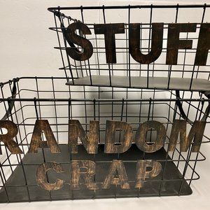 "Random Crap" and "Stuff" black metal baskets - home/office décor